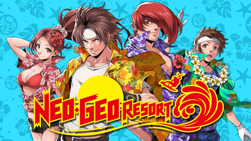 1girl 3boys artist_request bikini_top breasts brown_eyes brown_hair casual cleavage commentary_request cutoffs flower gloves hair_flower hair_ornament hair_over_one_eye hair_scrunchie hawaiian_shirt hibiscus highres kusanagi_kyou lei looking_at_viewer male_focus multiple_boys neo_geo_resort official_art pectorals ponytail popped_collar red_bikini_top red_eyes redhead scrunchie shiranui_mai shirt short_hair shorts snk tank_top the_king_of_fighters white_gloves white_headband yabuki_shingo yagami_iori