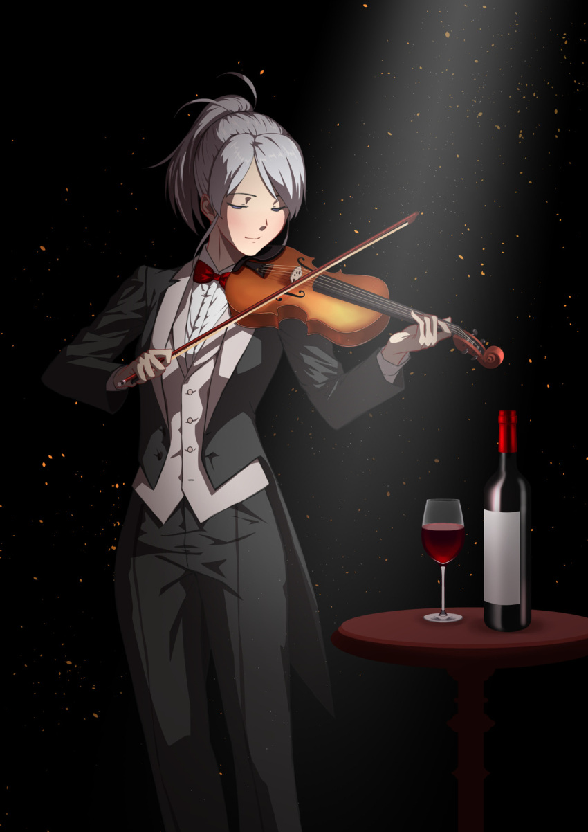 1girl alternate_costume axia-chan blush bottle bow bow_(instrument) bowtie closed_eyes coattails commission cup drinking_glass formal gloves grey_hair highres instrument light_beam light_smile melty_blood pant_suit red_wine riesbyfe_stridberg short_ponytail sidelocks solo suit tsukihime violin white_gloves wine_bottle wine_glass