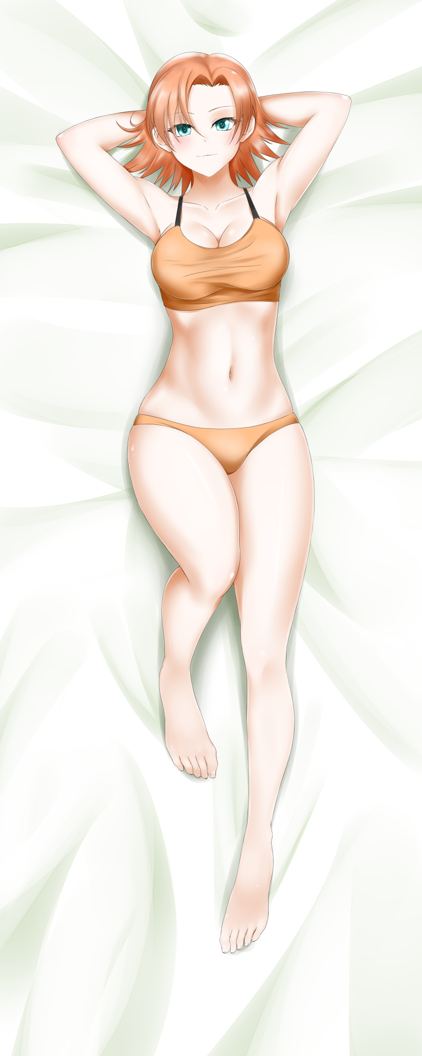 1girl absurdres alfred_cullado aqua_eyes armpits arms_behind_head barefoot bed_sheet blush bra breasts cleavage collarbone curly_hair dakimakura from_above full_body highres incredibly_absurdres large_breasts looking_at_viewer lying navel nora_valkyrie on_back on_bed orange_bra orange_hair orange_panties paid_reward panties patreon_reward rwby shiny shiny_hair short_hair solo sports_bra underwear underwear_only