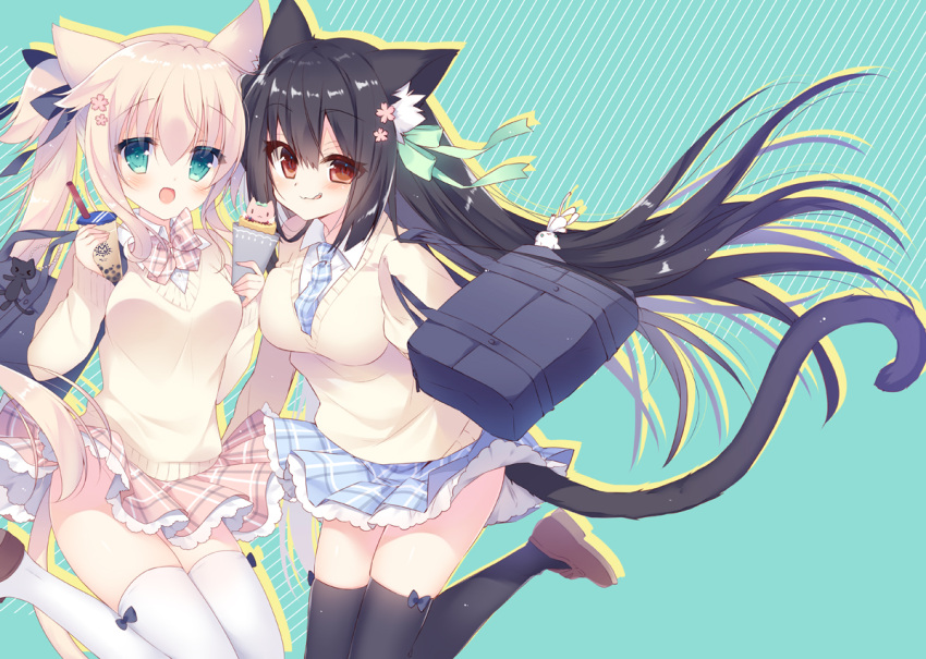 2girls :d :q animal_ear_fluff animal_ears bag bangs black_hair black_legwear blue_neckwear blue_skirt blush bow brown_bow brown_eyes brown_footwear brown_skirt brown_sweater cat_ears cat_girl cat_tail closed_mouth collared_shirt commentary_request crepe cup diagonal-striped_background diagonal_stripes disposable_cup drinking_straw drop_shadow eyebrows_visible_through_hair food green_background green_bow green_eyes hair_between_eyes hair_bow holding holding_cup light_brown_hair loafers long_hair long_sleeves multiple_girls necktie open_mouth original plaid plaid_bow plaid_neckwear plaid_skirt pleated_skirt school_bag school_uniform shirt shoes skirt sleeves_past_wrists smile striped striped_background sumii sweater tail thigh-highs tongue tongue_out twintails very_long_hair white_legwear white_shirt