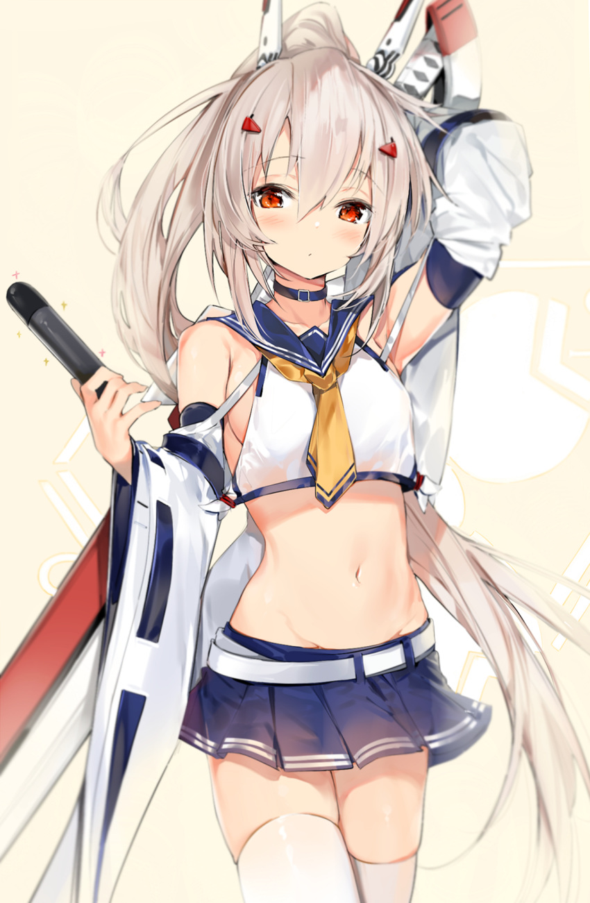 1girl arm_up ayanami_(azur_lane) azur_lane bangs bare_shoulders blue_choker blue_sailor_collar blue_skirt blush breasts brown_hair choker closed_mouth collarbone commentary_request crop_top detached_sleeves eyebrows_visible_through_hair groin hair_between_eyes hair_ornament hairclip headgear high_ponytail highres light_brown_hair long_hair long_sleeves looking_at_viewer medium_breasts midriff navel pleated_skirt ponytail red_eyes remodel_(azur_lane) revision sailor_collar school_uniform serafuku shirt sidelocks silver_(chenwen) skindentation skirt sleeveless sleeveless_shirt small_breasts solo sword thigh-highs torpedo very_long_hair weapon weapon_on_back white_legwear white_shirt white_sleeves yellow_neckwear zettai_ryouiki