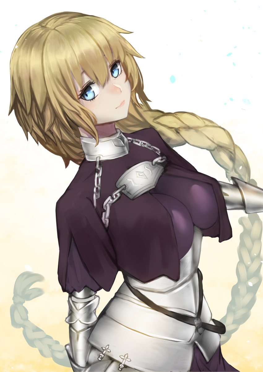 1girl aito armor armored_dress blonde_hair blue_eyes blush braid breasts commentary_request fate/grand_order fate_(series) gauntlets hair_between_eyes headpiece highres jeanne_d'arc_(fate) jeanne_d'arc_(fate)_(all) large_breasts long_braid long_hair looking_at_viewer simple_background single_braid smile solo very_long_hair white_background