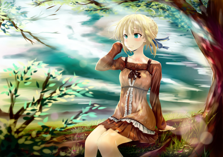1girl absurdres artoria_pendragon_(all) blonde_hair blue_eyes blue_ribbon blush brown_dress brown_hair brown_skirt collarbone corset dress eyebrows_visible_through_hair fate/stay_night fate_(series) hair_ribbon hand_in_hair highres lens_flare long_sleeves miniskirt off-shoulder_shirt off_shoulder outdoors parted_lips pinafore_dress pleated_skirt ribbon saber shirt short_dress short_hair sitting skirt skirt_under_dress sleeveless sleeveless_dress solo timo_wei95