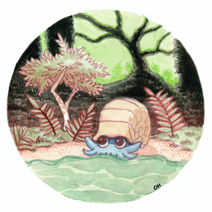 commentary creature creatures_(company) english_commentary game_freak gen_1_pokemon highres nintendo no_humans oliver_hamlin omanyte outdoors plant pokemon pokemon_(creature) shell traditional_media tree water watercolor_(medium)