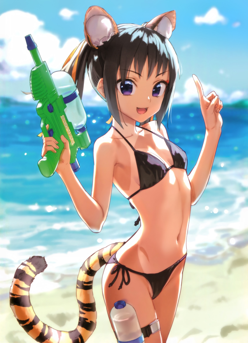 1girl :d absurdres animal_ears beach bikini black_hair blurry blurry_background breasts cowboy_shot day depth_of_field extra_ears fangs finger_on_trigger hair_ribbon halterneck highres index_finger_raised kawakami_rokkaku looking_at_viewer medium_hair navel ocean one-piece_tan open_mouth outdoors ribbon scan side-tie_bikini small_breasts smile solo swimsuit tail tan tanline thigh_strap tiger_ears tiger_tail toranoana twintails violet_eyes water water_gun