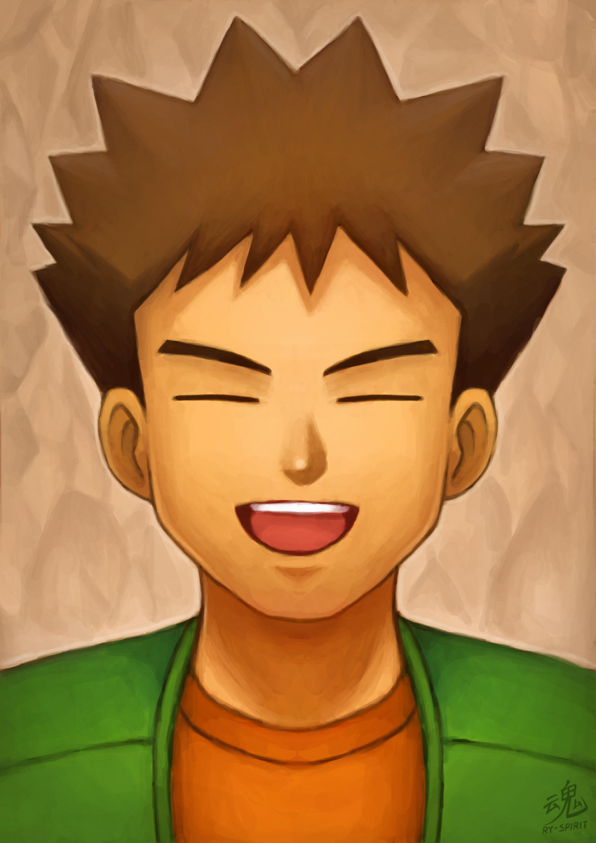 1boy :d absurdres brown_hair closed_eyes commentary creatures_(company) english_text face game_freak highres looking_at_viewer male_focus nintendo open_mouth orange_shirt pokemon pokemon_(anime) pokemon_(classic_anime) ry-spirit shirt signature smile solo spiky_hair takeshi_(pokemon)
