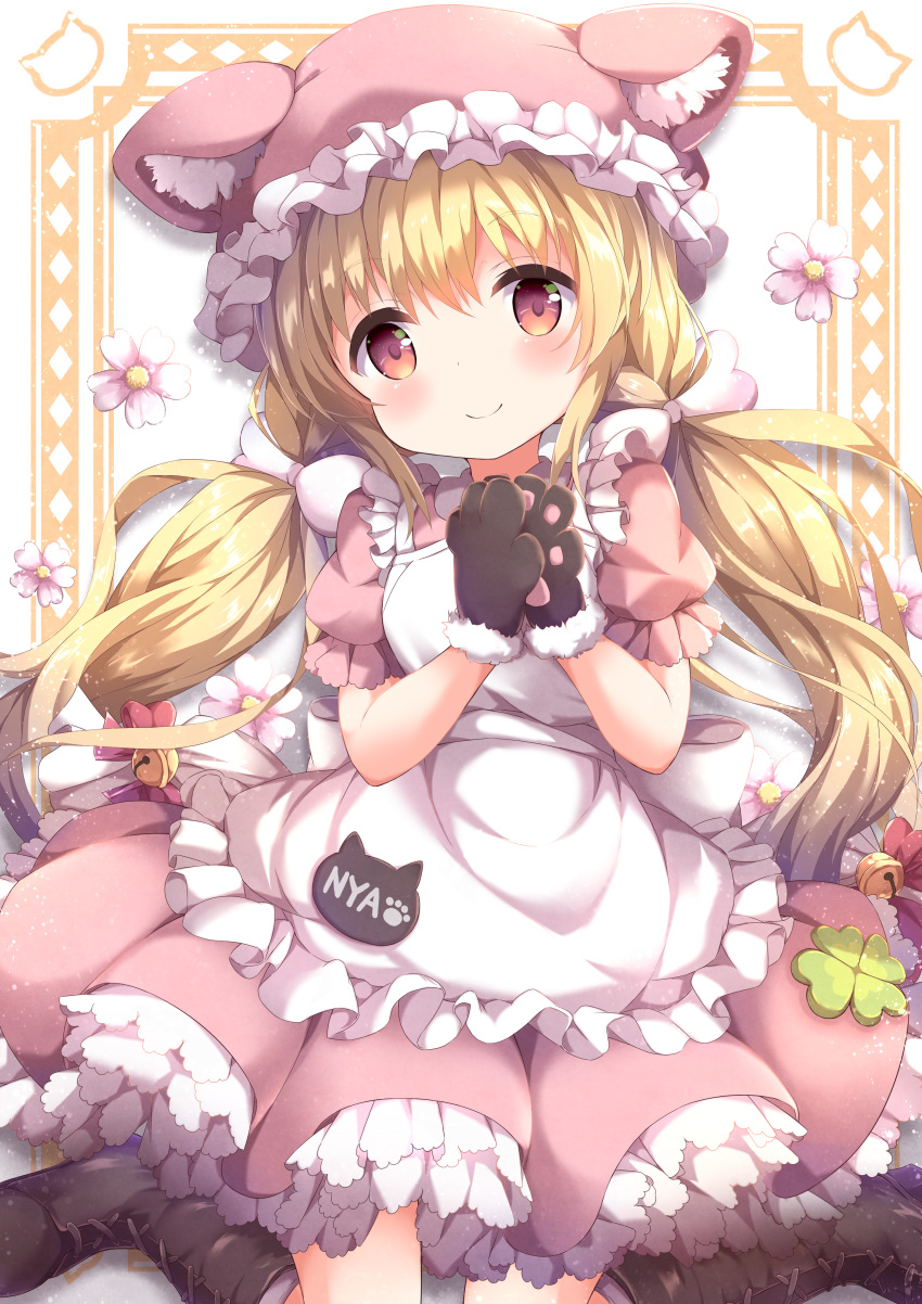 1girl absurdres animal_hat apron bangs bell black_footwear blonde_hair boots bow cat_hat commentary_request dress flower frilled_apron frilled_hat frilled_sleeves frills fur-trimmed_gloves fur_trim gloves hair_bell hair_bow hair_ornament hands_together hat highres jingle_bell knees_together_feet_apart long_hair looking_at_viewer niwasane_(saneatsu03) nyan original paw_gloves paws pink_bow pink_dress pink_flower pink_headwear red_eyes short_sleeves sitting smile solo very_long_hair white_apron white_bow