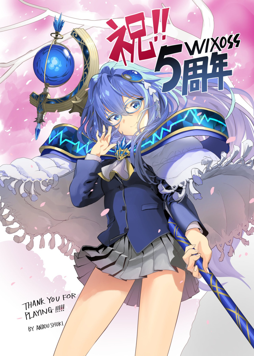 1girl adjusting_eyewear andou_shuuki ascot blazer blue_eyes blue_hair capelet character_request commentary_request fingernails glasses highres jacket long_hair looking_at_viewer miniskirt official_art pleated_skirt skirt solo staff thighs translation_request wixoss