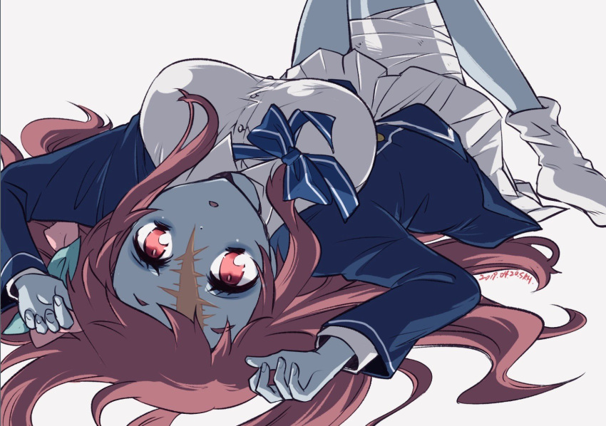 1girl bandage blue_skin bow bowtie breasts commentary_request forehead_scar highres large_breasts long_hair looking_at_viewer looking_back lying minamoto_sakura musukichi on_back outstretched_arms red_eyes redhead scar school_uniform simple_background socks solo white_legwear zombie zombie_land_saga