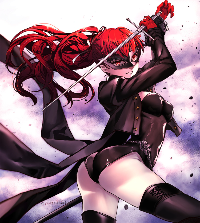 1girl arms_up ass black_jacket black_legwear blazer bow breasts buttons cowboy_shot floating_hair frilled_sleeves frills gloves gradient gradient_background grin hair_bow highleg highleg_leotard highres holding holding_sword holding_weapon jacket large_breasts leotard long_hair long_sleeves looking_at_viewer mask persona persona_5 persona_5_the_royal ponytail red_bow red_eyes red_gloves redhead sheath simple_background smile solo sword thigh-highs twitter_username unsheathed weapon yaoto yoshizawa_kasumi