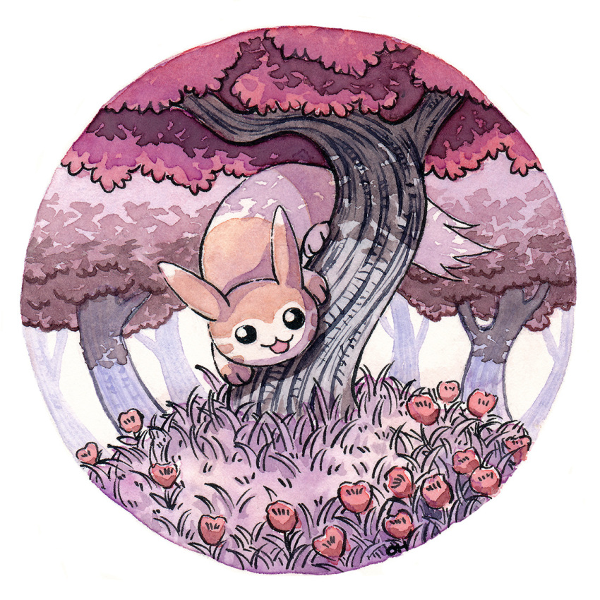 :3 black_eyes creatures_(company) flower forest furret game_freak gen_2_pokemon grass nature nintendo no_humans oliver_hamlin open_mouth outdoors plant pokemon pokemon_(creature) red_flower smile traditional_media tree watercolor_(medium)