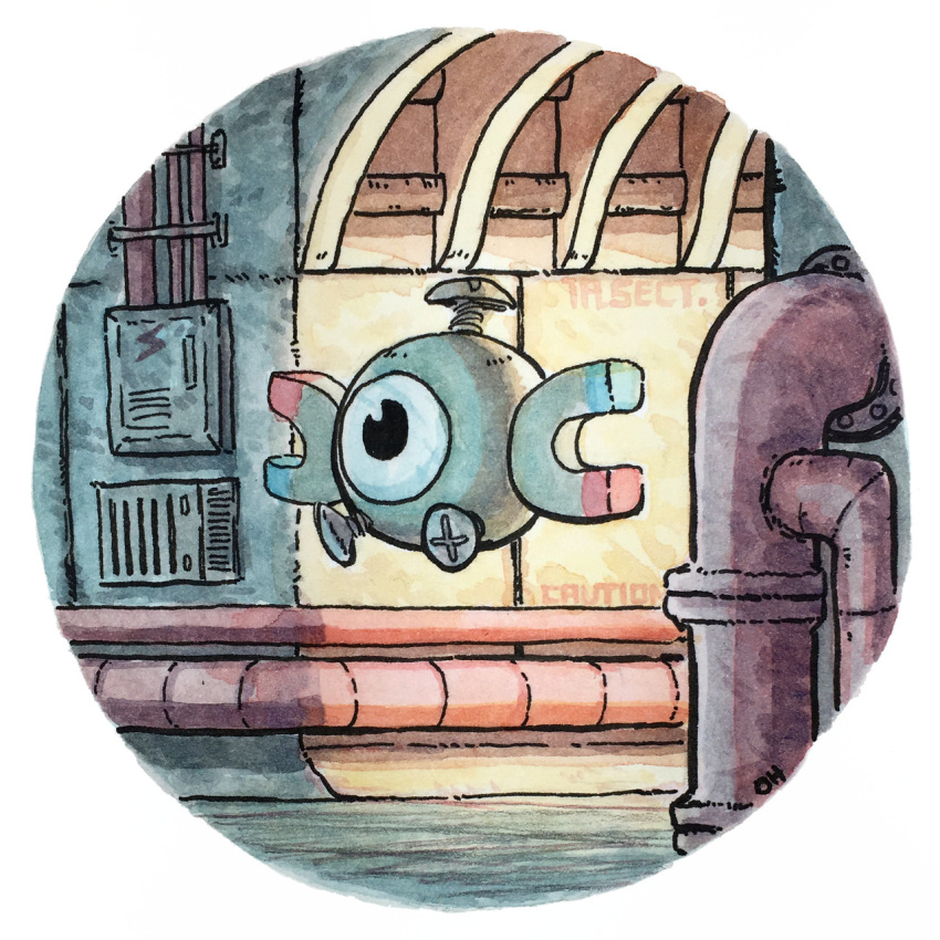 commentary creature creatures_(company) english_commentary english_text floating game_freak gen_1_pokemon highres indoors magnemite nintendo no_humans oliver_hamlin pipe pokemon pokemon_(creature) traditional_media watercolor_(medium)