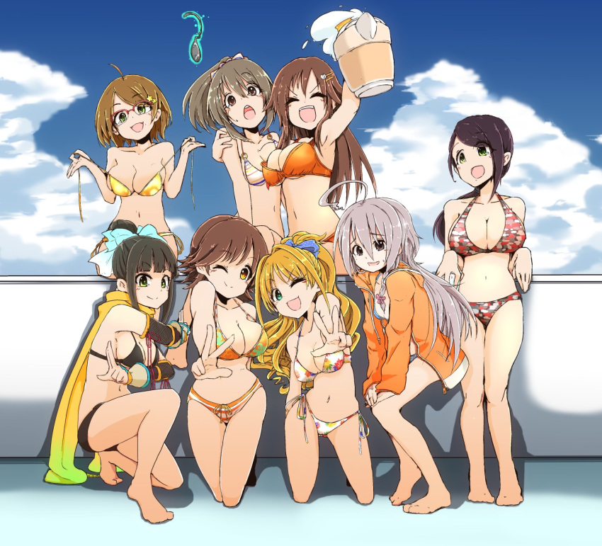 6+girls aqua_eyes bikini black_hair breasts brown_eyes brown_hair cleavage closed_eyes clouds cloudy_sky eyebrows_visible_through_hair green_eyes grey_eyes grey_hair hamaguchi_ayame highres himekawa_yuki hino_akane_(idolmaster) honda_mio hori_yuuko hoshi_shouko idolmaster idolmaster_cinderella_girls kneeling large_breasts long_hair looking_at_viewer medium_breasts multiple_girls one_eye_closed open_mouth owerk short_hair sitting sky smile squatting standing swimsuit tsuchiya_ako yamato_aki