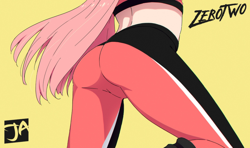 1girl ass back character_name darling_in_the_franxx head_out_of_frame jadsen long_hair midriff pink_hair simple_background solo sports_bra sportswear straight_hair zero_two_(darling_in_the_franxx)