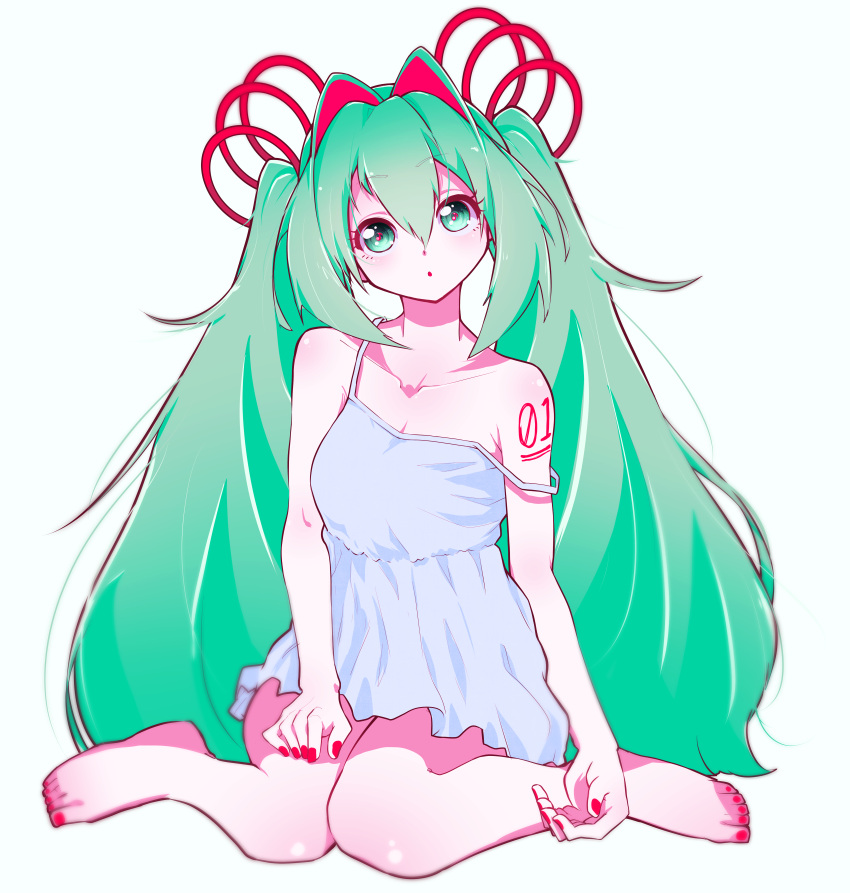 1girl :o absurdres bare_arms bare_legs bare_shoulders barefoot breasts collarbone commentary_request eyebrows_visible_through_hair green_eyes green_hair hair_between_eyes hair_ornament hatsune_miku highres jipponwazaari long_hair medium_breasts nail_polish nightgown number red_nails simple_background sitting very_long_hair vocaloid white_background white_nightgown