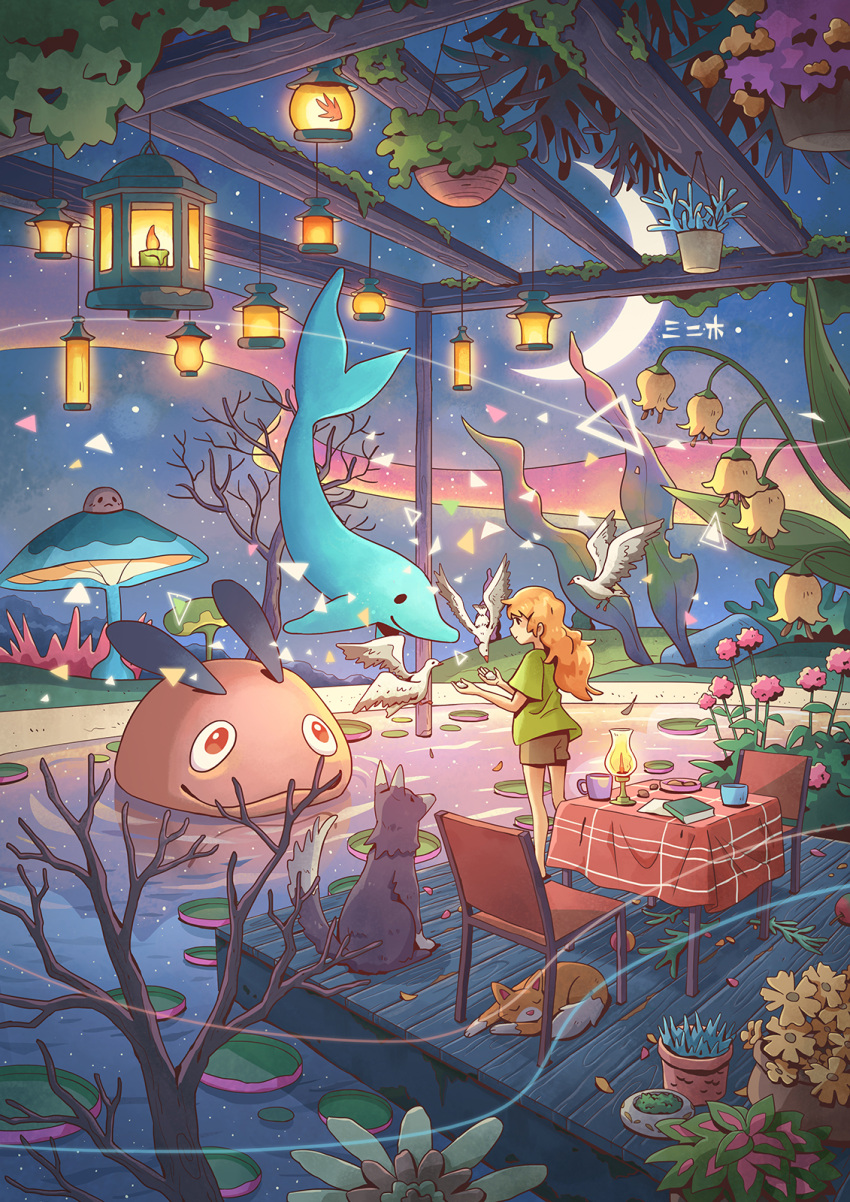 1girl animal brown_hair candle cat chair dog hanging_plant highres kitsu+3 lantern long_hair looking_away mushroom night original plant potted_plant scenery sky standing star_(sky) starry_sky table tree water