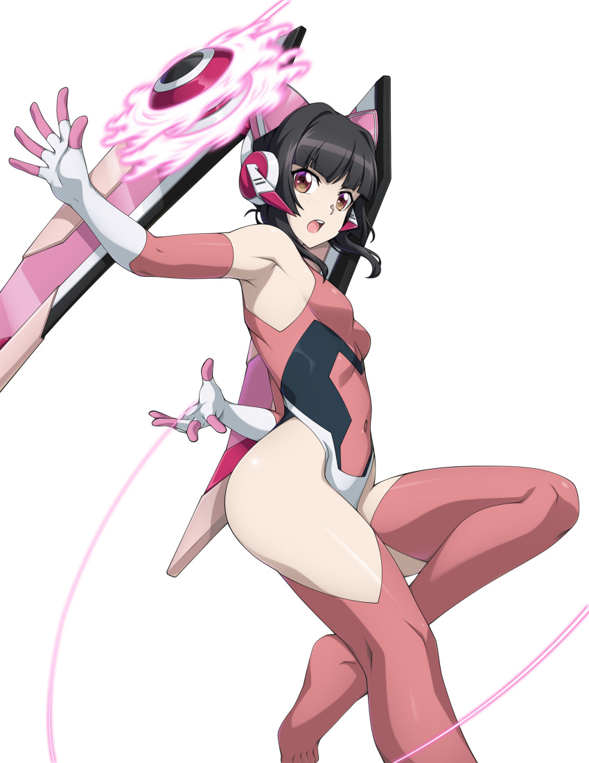 1girl absurdres arm_behind_back armpits bangs bare_shoulders black_hair breasts chuunioniika covered_navel elbow_gloves gloves highres open_mouth pink_gloves pink_legwear senki_zesshou_symphogear simple_background small_breasts solo thigh-highs tsukuyomi_shirabe violet_eyes white_background yo-yo