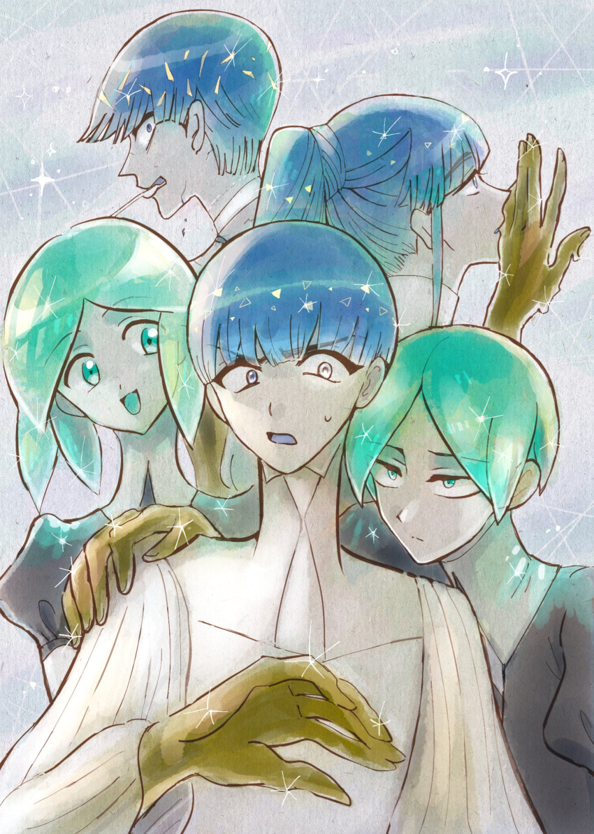 5others androgynous angry bangs blue_eyes blue_hair blunt_bangs cracked crazy_eyes crystal_hair expressionless eyebrows_visible_through_hair gem_uniform_(houseki_no_kuni) golden_arms green_eyes green_hair hand_on_another's_shoulder happy heterochromia highres houseki_no_kuni long_hair looking_at_another multiple_others multiple_persona necktie open_mouth phosphophyllite phosphophyllite_(ll) ponytail short_hair smile spoilers sweatdrop upper_body white_eyes