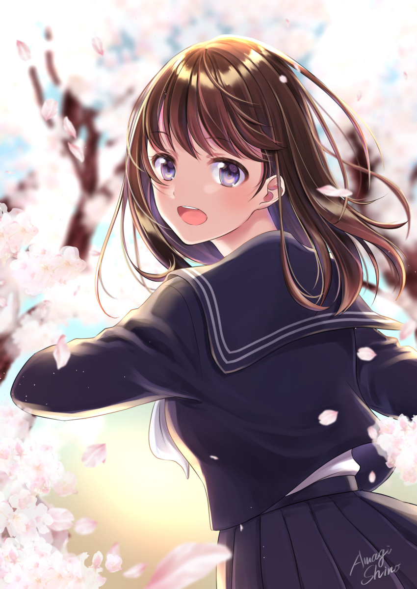 1girl :d amagi_shino black_skirt brown_hair cherry_blossoms from_behind highres long_hair looking_at_viewer open_mouth original pleated_skirt school_uniform serafuku signature skirt smile solo violet_eyes