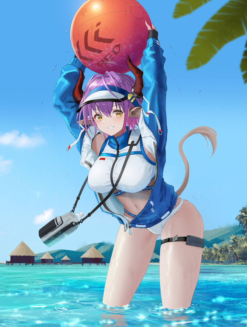 1girl :d animal_ears arknights arm_up ball bangs beachball bikini bikini_under_clothes black_gloves blue_jacket blue_sky bottle breasts building commentary_request cow_ears cow_girl cow_horns cow_tail cowboy_shot day eyebrows_visible_through_hair fingerless_gloves gloves highres holding holding_ball horns jacket large_breasts leaning_forward long_sleeves looking_at_viewer mountainous_horizon ocean official_alternate_costume open_clothes open_jacket outdoors parted_lips purple_hair short_hair sideroca_(arknights) sideroca_(light_breeze)_(arknights) sky smile solo sthk swimsuit tail thigh_strap unzipped visor_cap wading water white_bikini white_headwear yellow_eyes