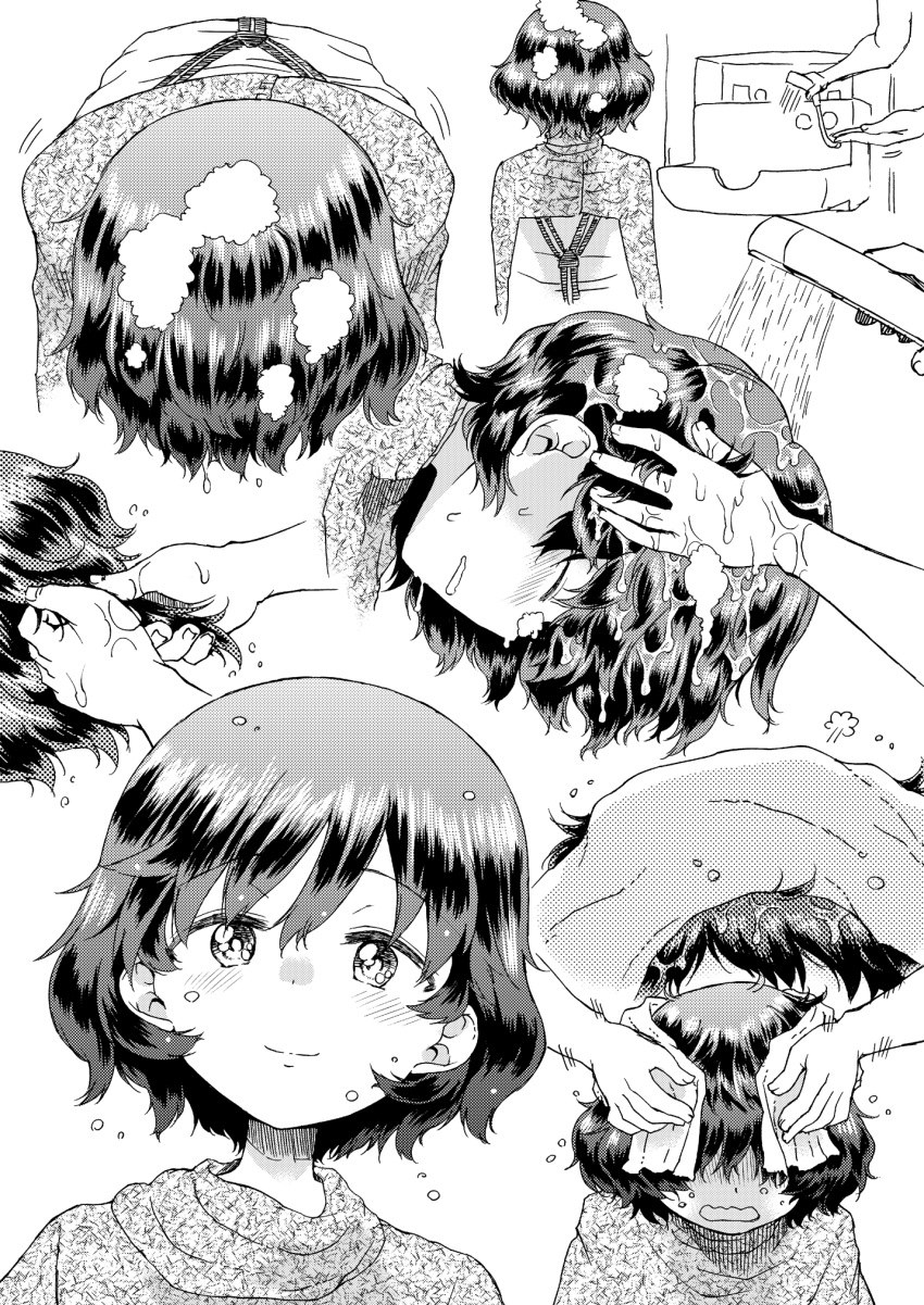 1girl akiyama_yukari barber blush closed_eyes disembodied_hands disembodied_limb doujinshi foam girls_und_panzer hand_on_another's_head head_down highres hirota_masatane leaning_forward looking_at_viewer messy_hair monochrome multiple_views screentones short_hair shower_head sink sitting smile towel water wavy_mouth white_background