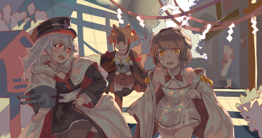 3girls absurdres akagi-chan_(azur_lane) animal_ears azur_lane bare_shoulders bell brown_hair cape detached_sleeves fox_ears fox_tail fur-trimmed_cape fur_trim hair_bell hair_ornament hair_ribbon hat hiei-chan_(azur_lane) highres horns indoors japanese_clothes kimono military_hait multiple_girls multiple_tails open_mouth pleated_skirt red_eyes ribbon running sakuramon short_kimono short_twintails skirt smile streamers sunlight sweat tail twintails verbalthought white_hair wide_sleeves yellow_eyes zeppelin-chan_(azur_lane)