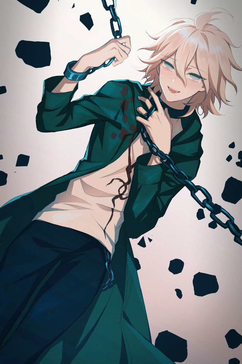 1boy absurdres ahoge chain chained chains collar commentary_request dangan_ronpa elue5768 eyebrows_visible_through_hair green_jacket grey_eyes hair_between_eyes highres hood hooded_jacket hoodie huge_filesize jacket komaeda_nagito long_jacket long_sleeves male_focus medium_hair messy_hair pants shirt solo super_dangan_ronpa_2 tearing_up white_hair white_shirt