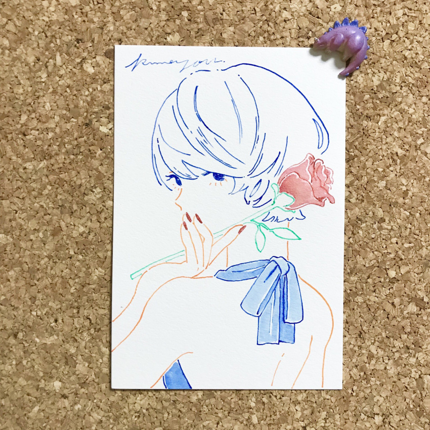 1girl bangs bare_back bare_shoulders blue_eyes covered_mouth flower from_behind highres holding holding_flower kumazou_sasshi looking_at_viewer looking_back nail_polish original photo red_flower red_nails short_hair signature solo traditional_media upper_body white_background