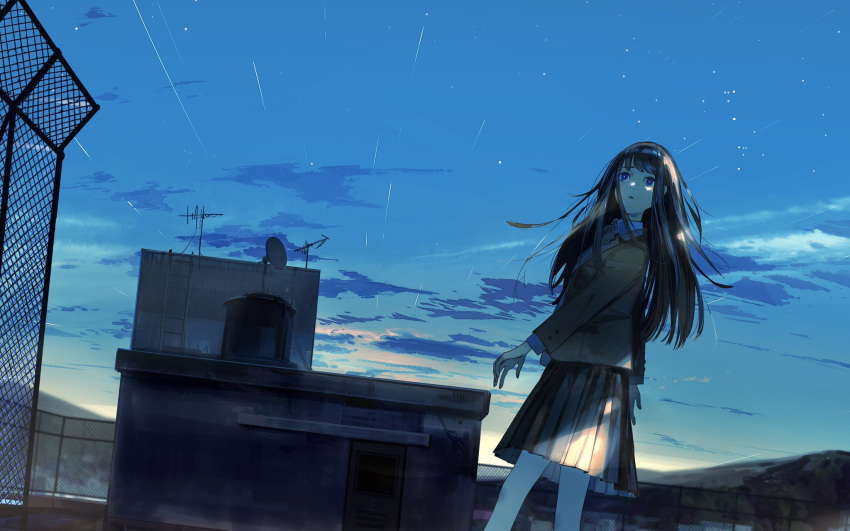 1girl black_hair black_skirt blue_eyes blue_sky blush clouds eyebrows_visible_through_hair hairband highres kukka long_sleeves looking_away original outdoors parted_lips satellite_dish scenery school_uniform shooting_star skirt sky solo standing sunrise