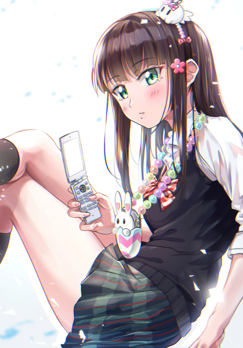 1girl bangs black_skirt blush bow bowtie cellphone collared_shirt easter flip_phone flower from_side hair_flower hair_ornament highres holding holding_phone jewelry kurosawa_dia legs_crossed looking_at_viewer love_live! love_live!_sunshine!! mole mole_under_mouth nail_polish necklace phone pink_flower pink_nails pleated_skirt rabbit red_neckwear shaka_(staito0515) shirt sitting skirt solo striped striped_neckwear striped_skirt sweater_vest white_shirt
