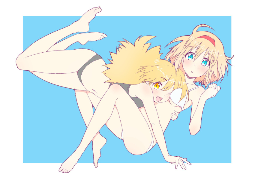 2girls :d absurdres alice_margatroid bangs bare_arms bare_legs bare_shoulders barefoot black_panties black_sports_bra blonde_hair blue_background blue_eyes blush border bra breasts clenched_hand crop_top eyebrows_visible_through_hair fang full_body glomp hair_between_eyes hairband hand_up highres hug kirisame_marisa long_hair looking_at_viewer midriff multiple_girls navel nirap no_hat no_headwear open_mouth outside_border panties parted_lips red_hairband short_hair simple_background skin_fang small_breasts smile sports_bra stomach thighs touhou underwear white_border white_bra white_panties yellow_eyes