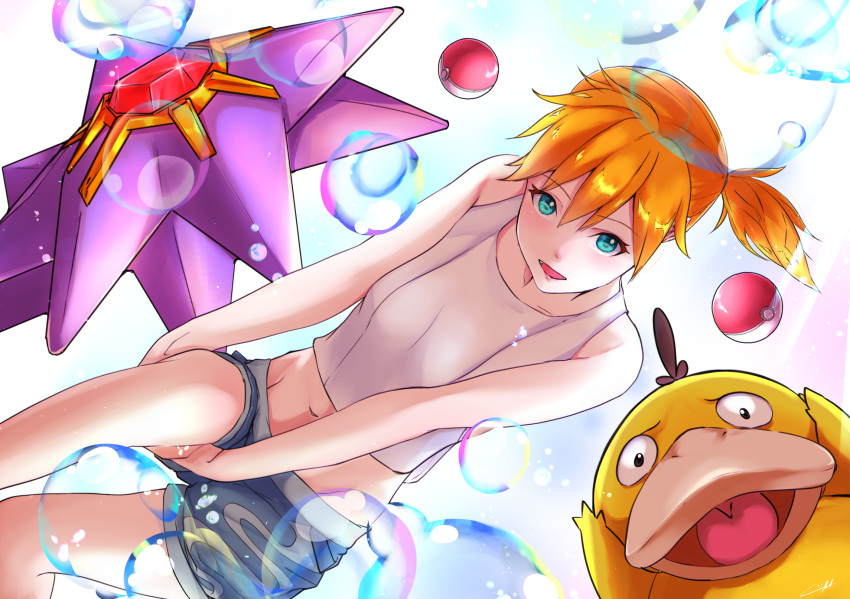 :d blonde_hair blue_eyes blue_shorts bubble collar creatures_(company) game_freak gen_1_pokemon hair_between_eyes highres kasumi_(pokemon) kuziaaizuk looking_at_viewer midriff navel nintendo open_mouth poke_ball pokemon psyduck shiny shiny_hair shirt short_hair short_shorts shorts side_ponytail sleeveless sleeveless_shirt smile starmie stomach white_shirt