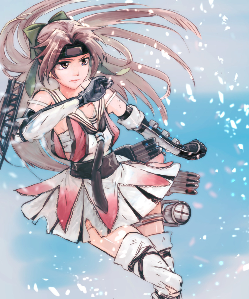1girl absurdres black_gloves brown_eyes brown_hair detached_sleeves elbow_gloves forehead_protector gloves hachimaki hair_intakes half_updo headband highres jintsuu_(kantai_collection) kantai_collection long_hair looking_to_the_side machinery medara petals ponytail remodel_(kantai_collection) school_uniform searchlight serafuku solo thigh-highs