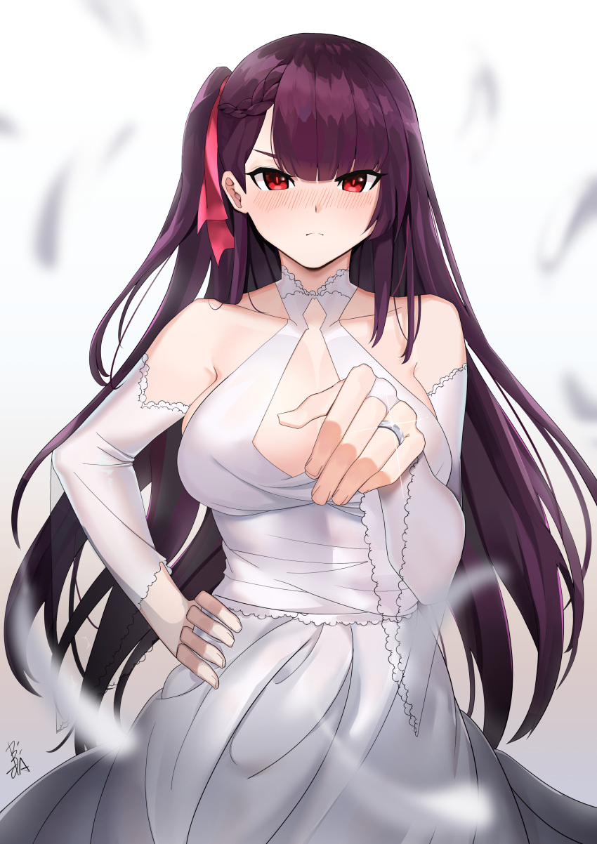 1girl absurdres bangs be_garam blush breasts bride cowboy_shot dress eyebrows_visible_through_hair girls_frontline glint gloves hair_ribbon hand_on_hip hand_up highres jewelry large_breasts long_hair looking_at_viewer one_side_up purple_hair red_eyes red_ribbon ribbon ring signature solo very_long_hair wa2000_(girls_frontline) wedding_dress wedding_ring white_dress white_gloves