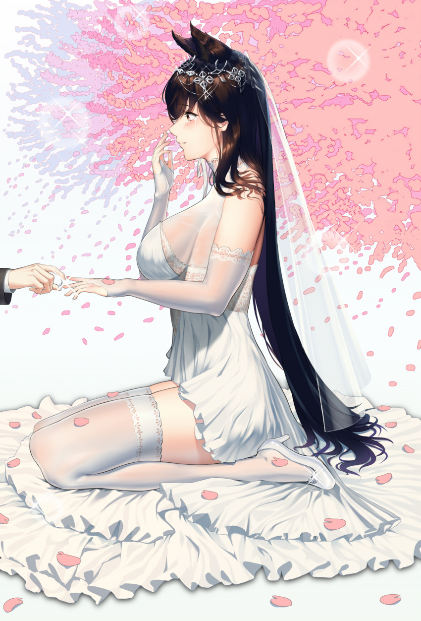 1girl animal_ears atago_(azur_lane) azur_lane baiyin bangs bare_shoulders breasts bridal_veil bride brown_eyes brown_hair closed_mouth crying crying_with_eyes_open dress elbow_gloves extra_ears eyebrows_visible_through_hair falling_petals from_side gloves hand_up high_heels highres jewelry lace lace-trimmed_legwear large_breasts long_hair petals ring seiza shiny sideboob sitting swept_bangs tears thigh-highs thighs veil wedding_dress white_dress white_footwear
