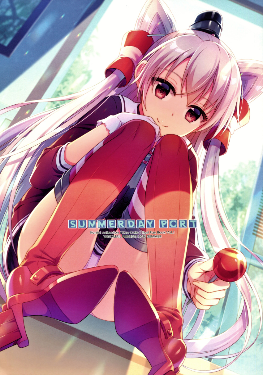 1girl absurdres amatsukaze_(kantai_collection) an2a backlighting black_headwear blurry blush brown_eyes brown_shirt buttons candy closed_mouth day depth_of_field door food gloves hair_tubes hand_on_own_knee hat highres holding holding_food indoors kantai_collection lollipop long_hair long_sleeves looking_at_viewer mini_hat open_door panties pantyshot pantyshot_(sitting) picture_frame red_footwear red_legwear scan shirt shoe_soles shoes silver_hair single_glove sitting smile solo sunlight sweets thigh-highs two_side_up underwear very_long_hair violet_eyes white_gloves white_panties