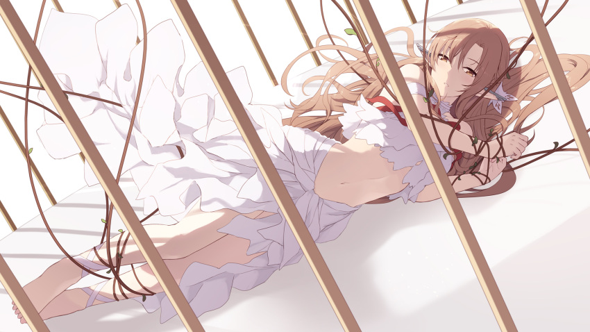 1girl asuna_(sao) barefoot birdcage blush braid breasts brown_eyes brown_hair cage cait detached_sleeves highres long_hair looking_at_viewer lying medium_breasts midriff navel on_side pointy_ears solo stomach sword_art_online very_long_hair white_legwear
