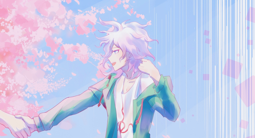 1boy ahoge blue_eyes cherry_blossoms collarbone commentary_request dangan_ronpa from_side green_jacket hand_holding highres hood hooded_jacket hoodie jacket komaeda_nagito long_hair long_sleeves male_focus messy_hair outdoors shirt smile solo_focus super_dangan_ronpa_2 upper_body white_hair white_shirt wuyinmingyue