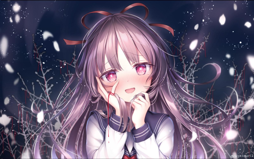1girl bangs bare_tree blush breasts eyebrows_visible_through_hair floating_hair hands_on_own_cheeks hands_on_own_face head_tilt heart heart-shaped_pupils highres holding holding_hair long_hair looking_at_viewer night open_mouth original outdoors purple_hair red_string sidelocks smile snowing solo string suya2mori2 symbol-shaped_pupils tree twitter_username upper_body yandere_trance