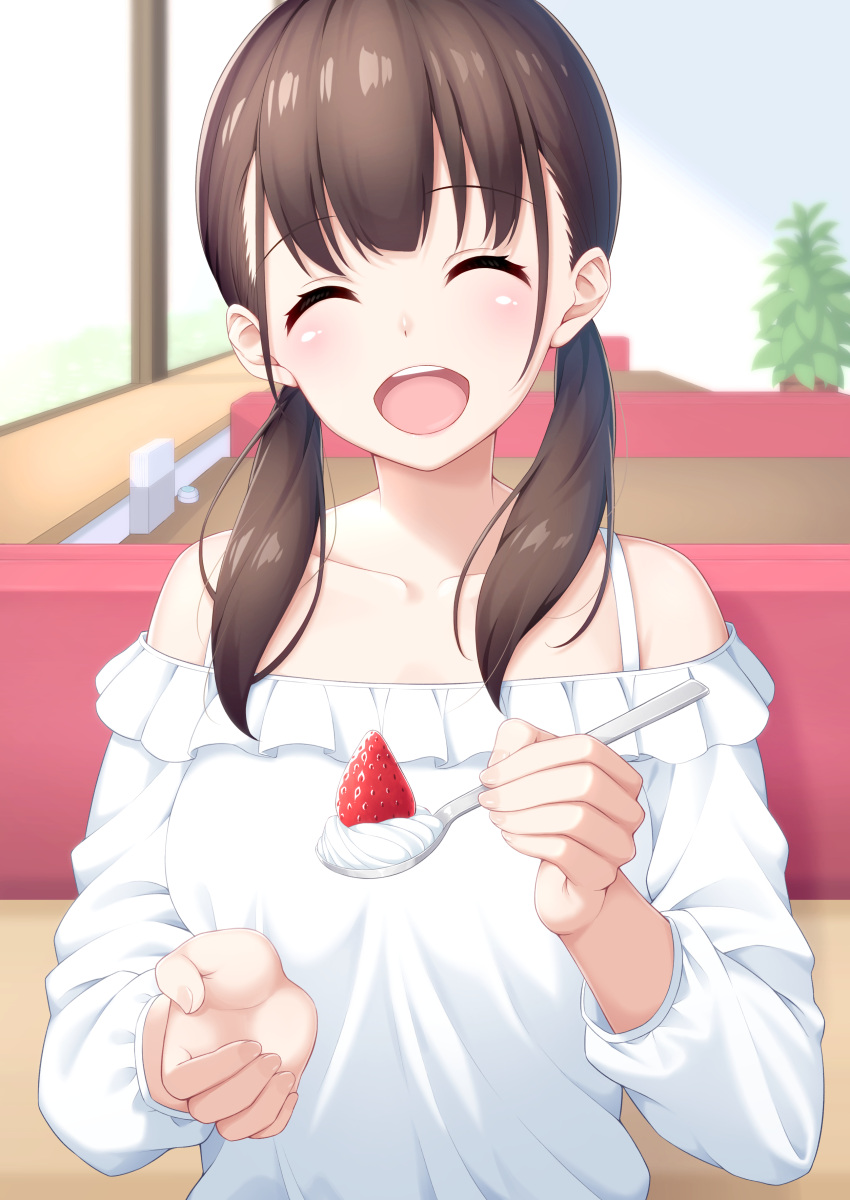 1girl ^_^ absurdres bare_shoulders brown_hair closed_eyes closed_eyes collarbone eyebrows_visible_through_hair facing_viewer food fruit highres holding holding_spoon low_twintails ochiai_miyabi off-shoulder_shirt off_shoulder open_mouth original restaurant shirt solo spoon strawberry twintails white_shirt