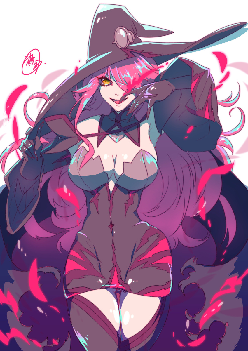 1girl absurdres bare_shoulders blazblue blazblue:_central_fiction breasts cape cleavage cowboy_shot erinashi_kin eyebrows_visible_through_hair gloves hair_between_eyes hair_over_one_eye hat highres konoe_a_mercury long_hair looking_at_viewer medium_breasts open_mouth pink_hair redhead simple_background smile solo standing thigh-highs white_background witch witch_hat yellow_eyes