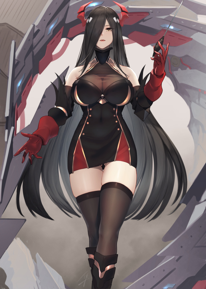 1girl azur_lane bangs bare_shoulders baton_(instrument) black_dress black_hair black_legwear breasts cleavage dress friedrich_der_grosse_(azur_lane) gloves gluteal_fold hair_over_one_eye hayabusa highres holding horns large_breasts long_hair looking_at_viewer machinery open_mouth red_gloves red_horns rigging see-through short_dress signature sleeveless sleeveless_dress solo thigh-highs very_long_hair walking yellow_eyes