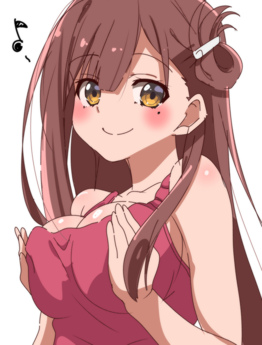 1girl absurdres breasts brown_eyes brown_hair closed_mouth collarbone eyebrows_visible_through_hair gakkou_gurashi! hair_ornament hairclip highres large_breasts long_hair looking_at_viewer mole mole_under_eye musical_note simple_background sinakyo sketch smile solo upper_body wakasa_yuuri white_background