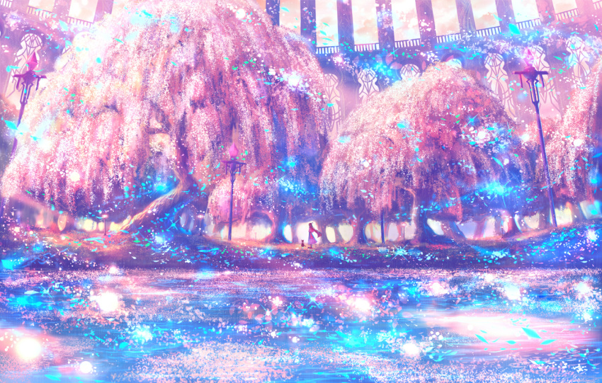 1girl backlighting building capelet cat clouds dress fantasy fisheye flower lamppost light_particles long_hair original petals purple_theme sakimori_(hououbds) scenery sky solo sunlight sunset tree very_wide_shot water willow wind