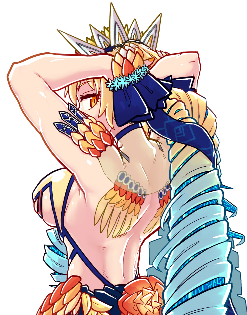 1girl arms_up astraea_(fate/grand_order) back back_tattoo blonde_hair blue_eyes blue_hair blue_neckwear bow breasts choker fate/grand_order fate_(series) gradient_hair hair_bow hair_ornament highres long_hair looking_at_viewer medium_breasts multicolored_hair ringlets simple_background solo tattoo tenk upper_body white_background yellow_eyes