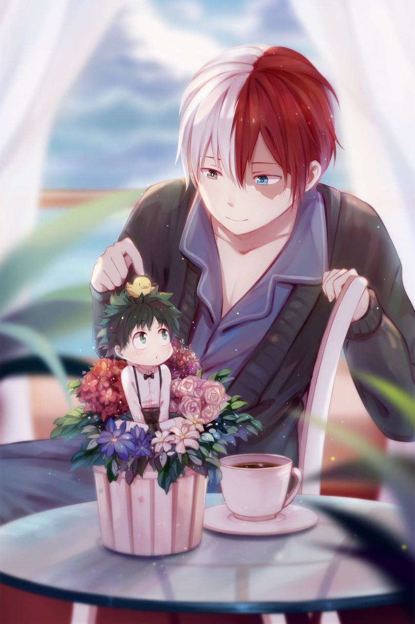 2boys absurdres alternate_costume blue_eyes blue_flower boku_no_hero_academia bow bowtie burn_scar chair chibi coffee coffee_cup commentary_request cup disposable_cup eyebrows_visible_through_hair flower freckles green_hair grey_eyes hair_between_eyes heterochromia highres jacket ku_luo_mofa_shi looking_at_another male_focus midoriya_izuku multicolored_hair multiple_boys redhead scar shirt short_hair sitting smile todoroki_shouto two-tone_hair white_flower white_hair