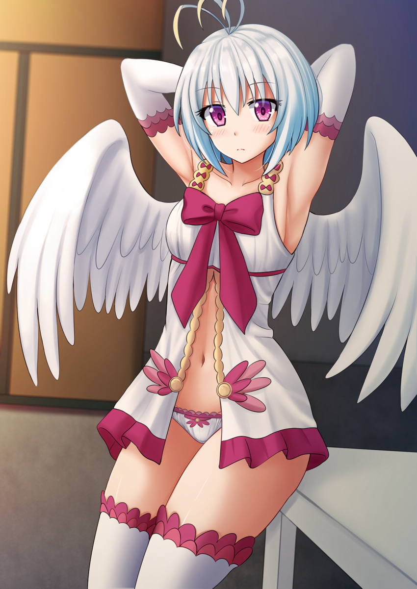 1girl angel_wings antenna_hair armpits arms_behind_head arms_up babydoll blue_hair blush bow breasts closed_mouth collarbone cowboy_shot elbow_gloves eyebrows_visible_through_hair feathered_wings fitoria_(tate_no_yuusha_no_nariagari) gloves gradient_hair highres indoors kazenokaze leaning_on_object light_frown multicolored_hair navel panties purple_bow silver_hair small_breasts solo table tate_no_yuusha_no_nariagari thigh-highs underwear underwear_only violet_eyes white_gloves white_legwear white_panties white_wings wings