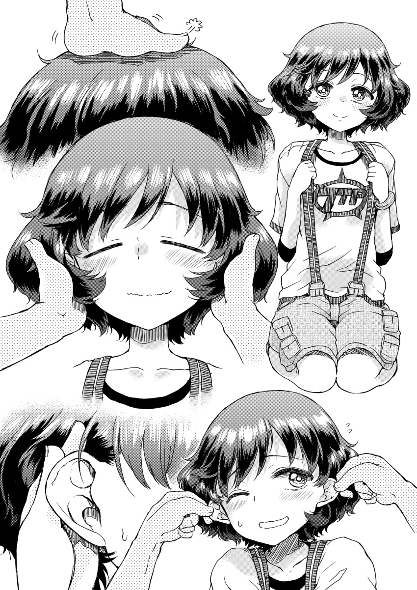 1girl akiyama_yukari cargo_shorts close-up closed_mouth collarbone comic disembodied_hands disembodied_limb doujinshi ear_pull ears hand_in_another's_hair hand_on_another's_head highres hirota_masatane looking_at_viewer messy_hair monochrome multiple_views one_eye_closed petting screentones seiza shirt short_hair short_sleeves shorts sitting smile suspenders sweat t-shirt wavy_mouth white_background white_shirt