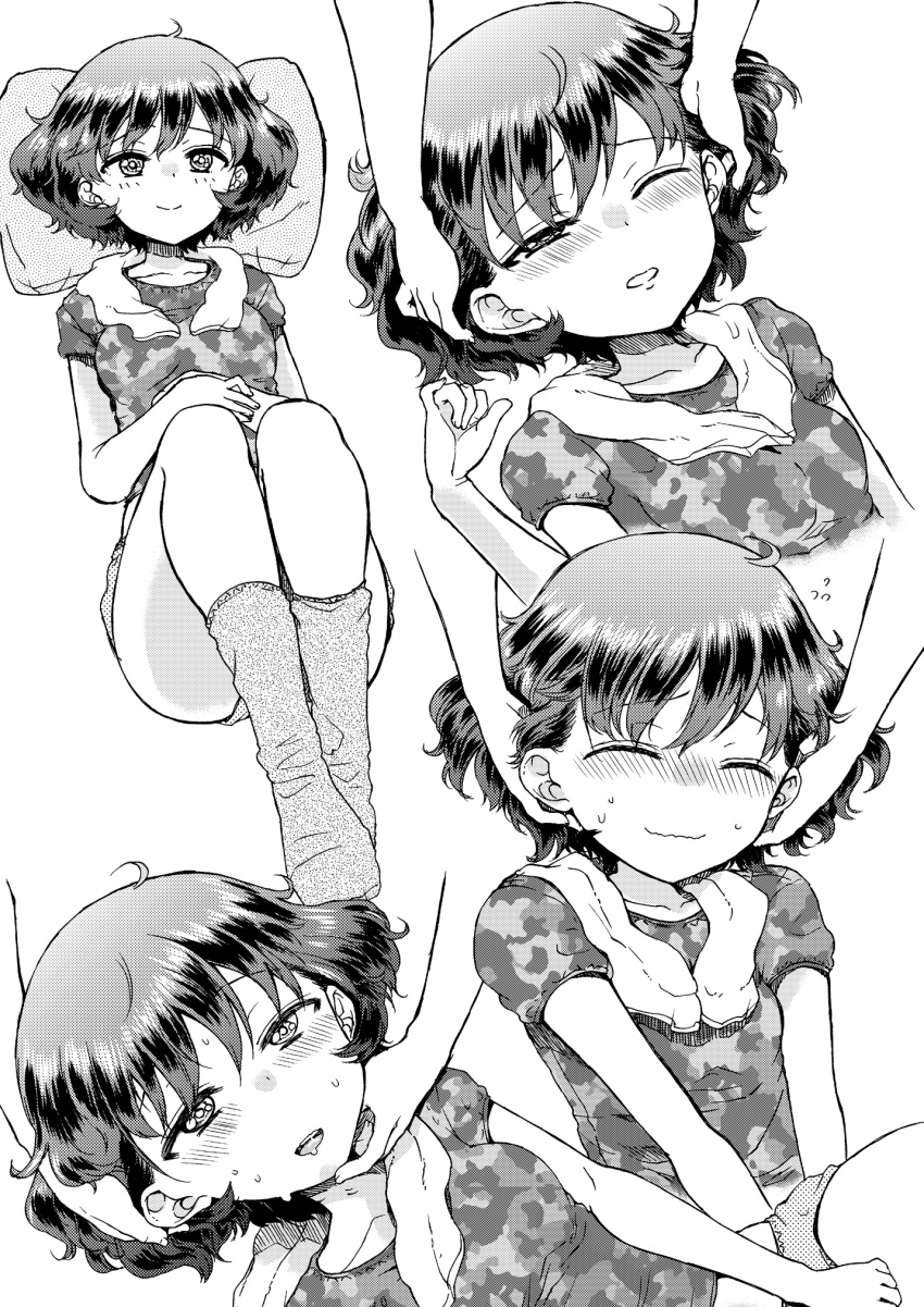 1girl :o akiyama_yukari camouflage_shirt closed_eyes doujinshi ear girls_und_panzer half-closed_eyes hand_in_another's_hair hand_on_another's_chin hand_on_another's_head hands_on_own_stomach highres hirota_masatane legs_up lying messy_hair monochrome multiple_views on_back one_eye_closed petting pillow screentones shirt short_hair short_sleeves shorts sitting socks t-shirt wavy_mouth