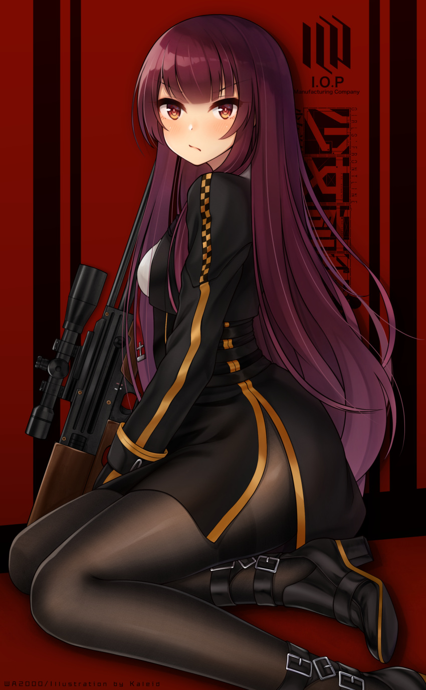&gt;:( absurdres bangs black_dress black_footwear black_jacket black_legwear blunt_bangs blush breasts bright_pupils brown_eyes buckle bullpup closed_mouth commentary_request copyright_name cropped_jacket dress girls_frontline gun high_heels highres jacket kaleid long_hair long_sleeves looking_at_viewer medium_breasts open_clothes open_jacket pantyhose purple_hair rifle side_slit sitting sniper_rifle straight_hair thighband_pantyhose two-tone_background v_arms very_long_hair wa2000_(girls_frontline) walther walther_wa_2000 weapon yokozuwari
